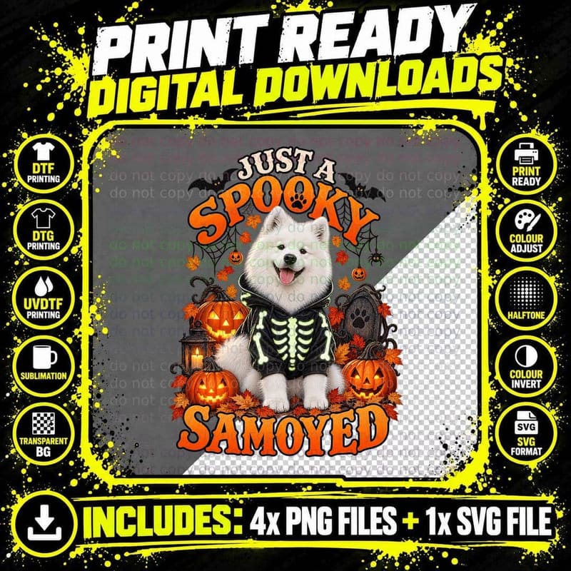Just a Spooky Samoyed Glow Skeleton Hoodie Halloween Pumpkins White Dog T-Shirt Png SVG Digital Bundle