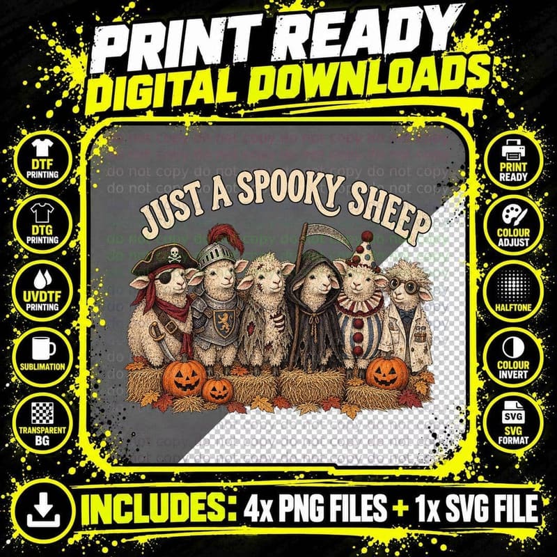 Just a Spooky Sheep Halloween Costume Pirate Knight Grim Reaper Clown T-Shirt Png SVG Digital Bundle
