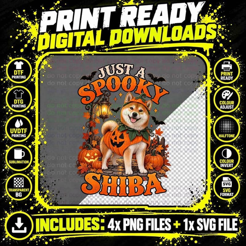 Just a Spooky Shiba Inu Pumpkin Costume Halloween Lantern Bats Cute Dog T-Shirt Png SVG Digital Bundle