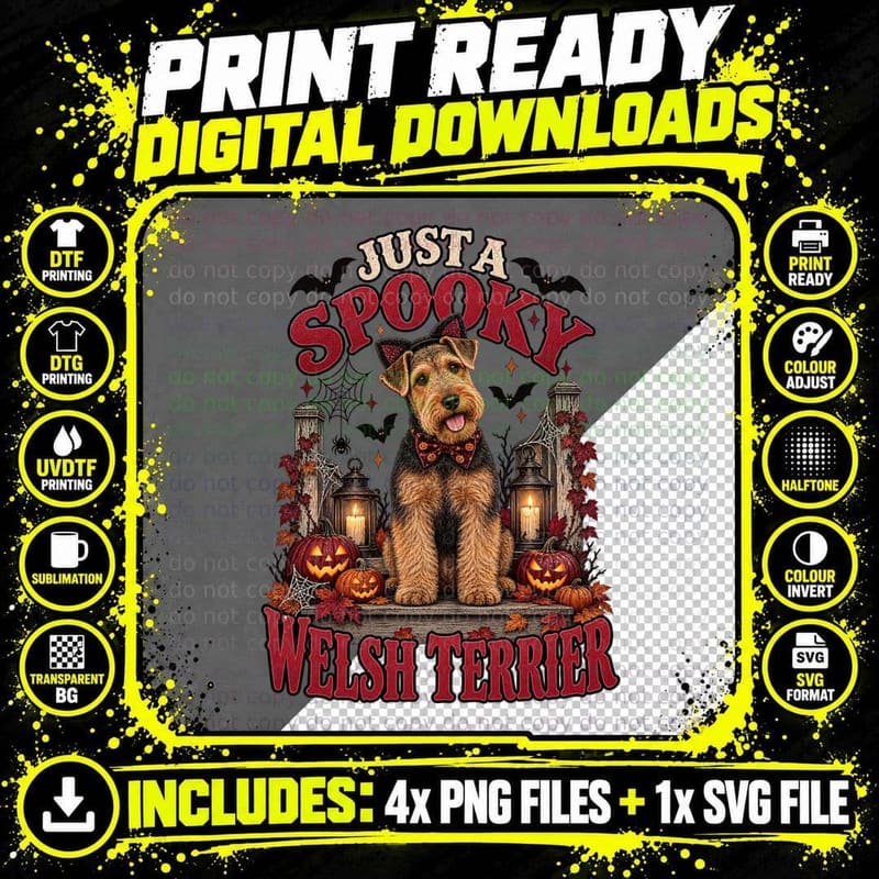 Just a Spooky Welsh Terrier Cat Ears Bow Tie Halloween Lanterns Pumpkins T-Shirt Png SVG Digital Bundle