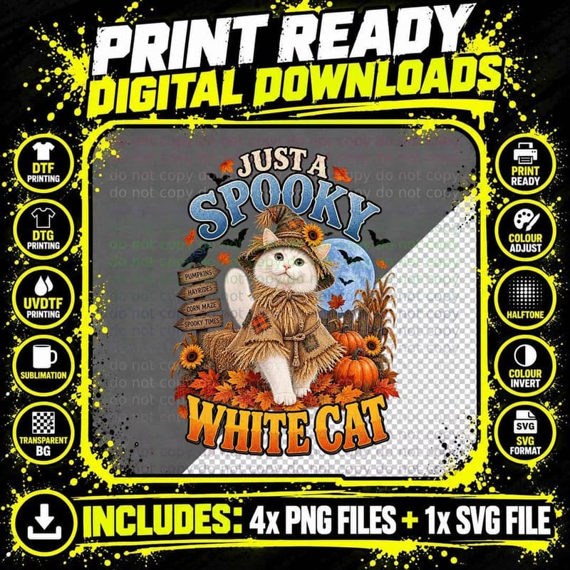 Just a Spooky White Cat Scarecrow Costume Halloween Corn Maze Sunflowers T-Shirt Png SVG Digital Bundle