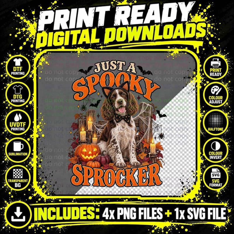 Sprocker Spaniel Halloween Cat Ears Dog Retro Spooky Png SVG Digital Bundle
