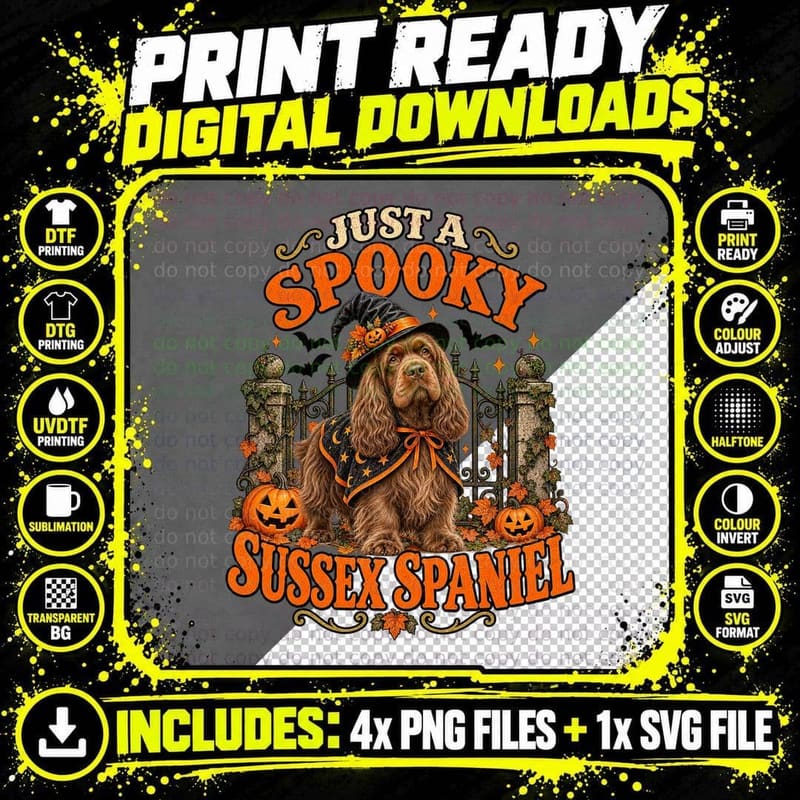 Just a Spooky Sussex Spaniel Witch Hat Cape Halloween Gothic Gate Dog T-Shirt Png SVG Digital Bundle
