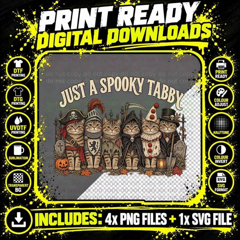 Just a Spooky Tabby Cats Halloween Costume Pirate Knight Clown Graveyard T-Shirt Png SVG Digital Bundle
