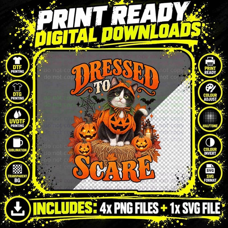 Dressed to Scare Tuxedo Cat Pumpkin Costume Halloween Pun Hay Bale Cute T-Shirt Png SVG Digital Bundle