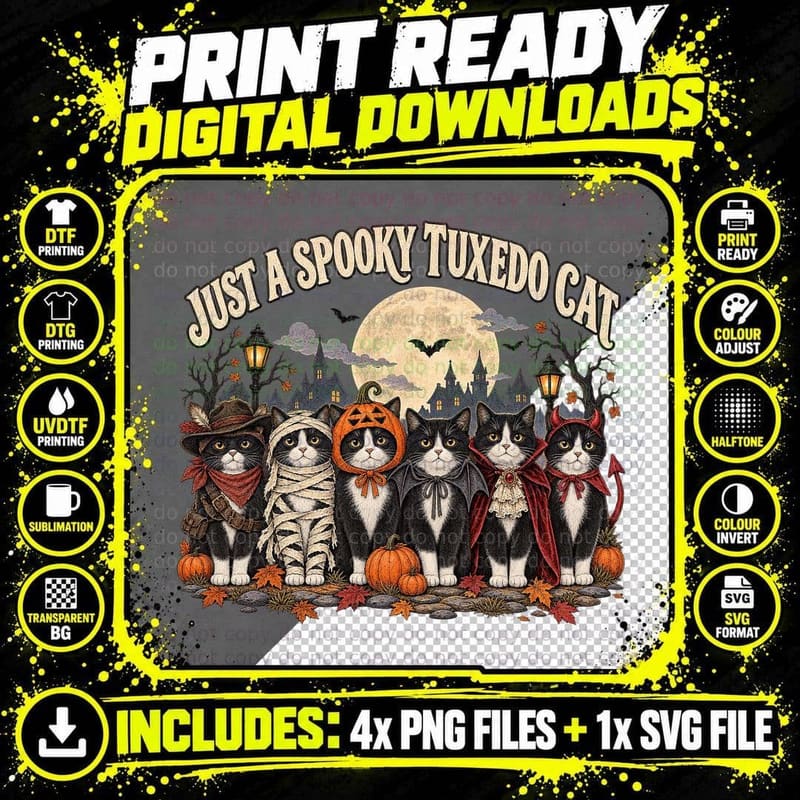 Just a Spooky Tuxedo Cats Halloween Costume Mummy Vampire Devil Moon T-Shirt Png SVG Digital Bundle