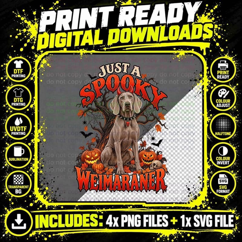 Just a Spooky Weimaraner Devil Horns Spiked Collar Halloween Skull Dog T-Shirt Png SVG Digital Bundle
