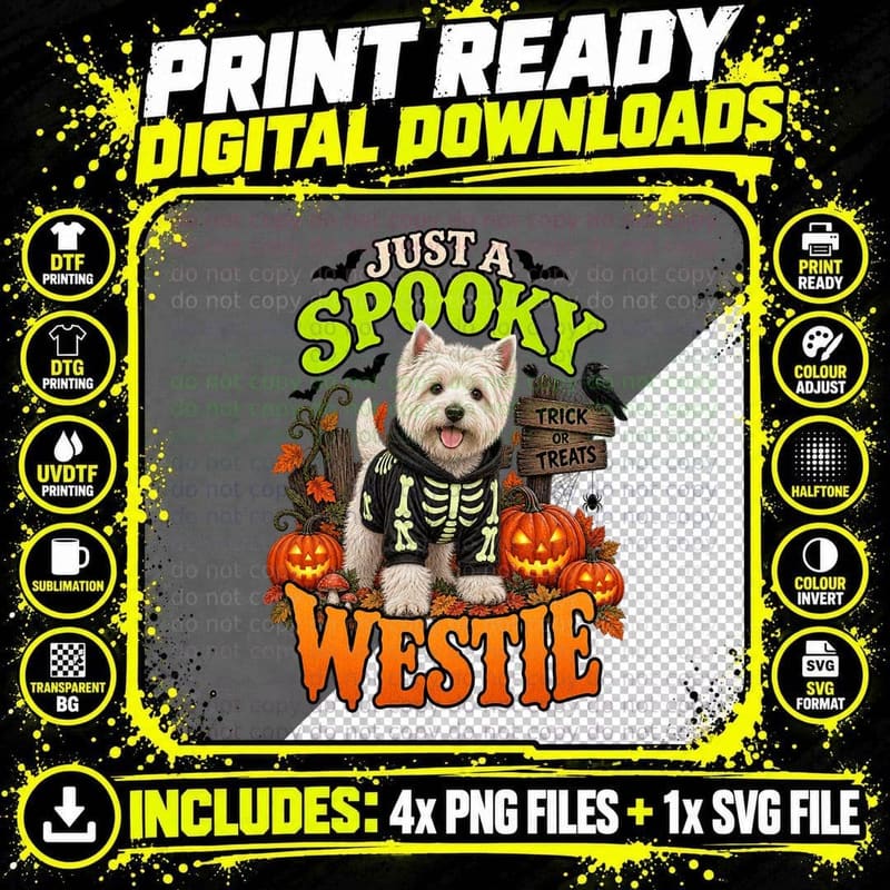 Westie Halloween Skeleton Hoodie Pumpkin Retro Spooky Png SVG Digital Bundle