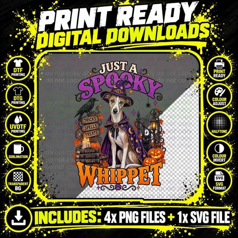 Whippet Halloween Wizard Robe Purple Hat Cobweb Retro Png SVG Digital Bundle