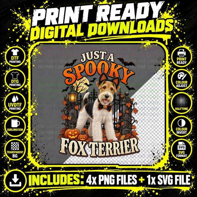 Wire Fox Terrier Halloween Vintage Spooky Black Cat Png SVG Digital Bundle