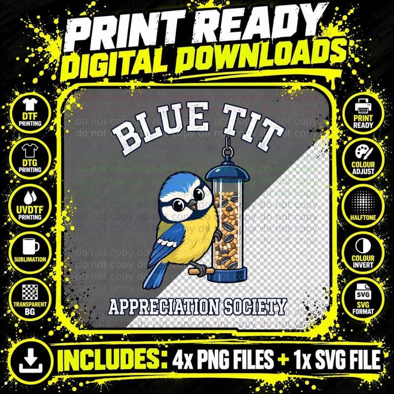 Blue Tit Appreciation Society Cute Bird Feeder Garden Wildlife Lover T-Shirt Png SVG Digital Bundle