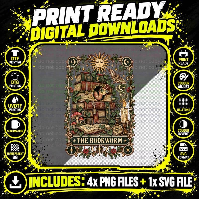 Bookworm Tarot Card Book Lover Reading Vintage Library Png SVG Digital Bundle