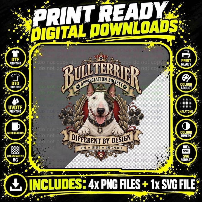 Bull Terrier Appreciation Society Different by Design Vintage Egghead T-Shirt Png SVG Digital Bundle
