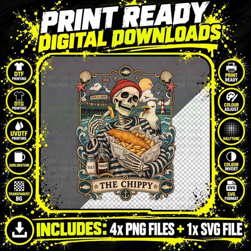 Fish And Chips Skeleton Vintage Tarot Card British Png SVG Digital Bundle