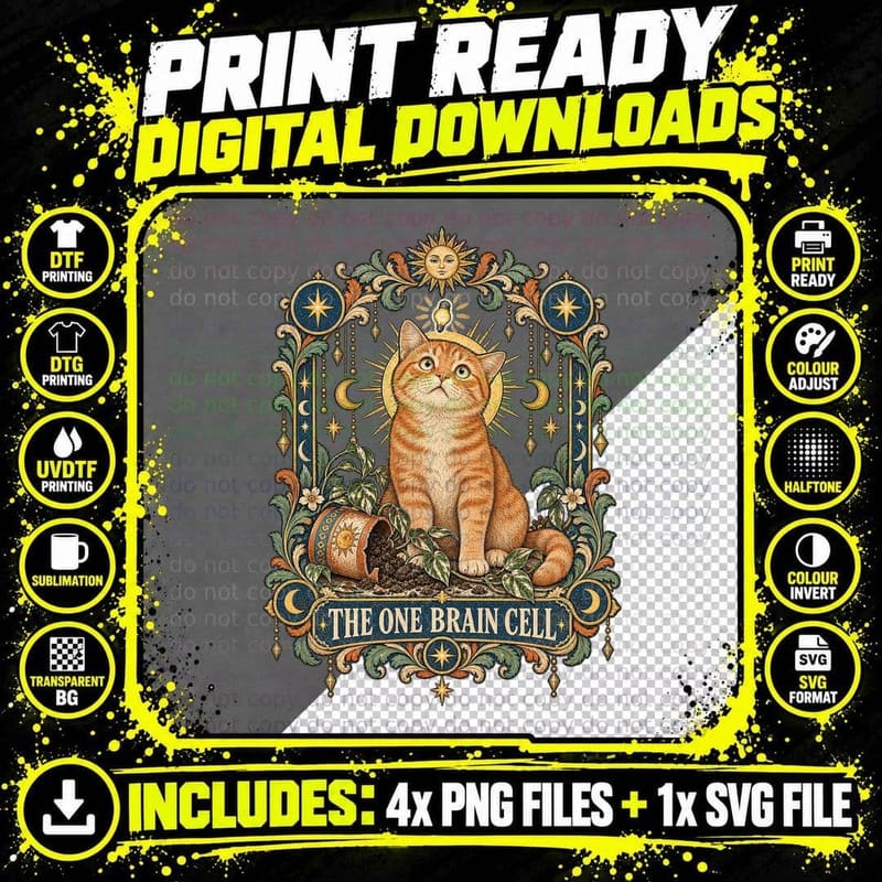 Ginger Cat One Brain Cell Tarot Card Orange Cat Meme Png SVG Digital Bundle