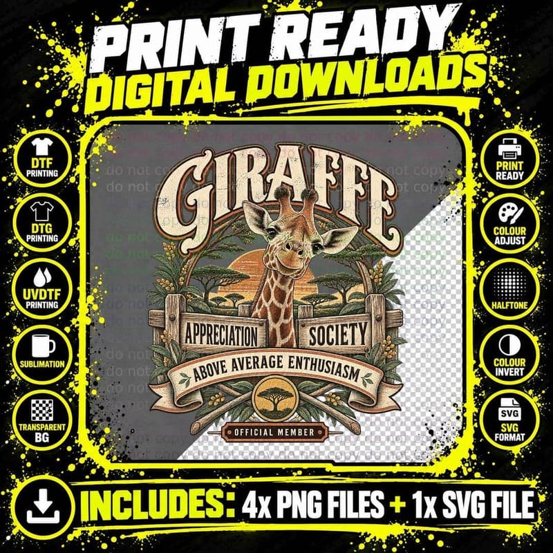 Giraffe Appreciation Society Above Average Enthusiasm Safari Sunset T-Shirt Png SVG Digital Bundle