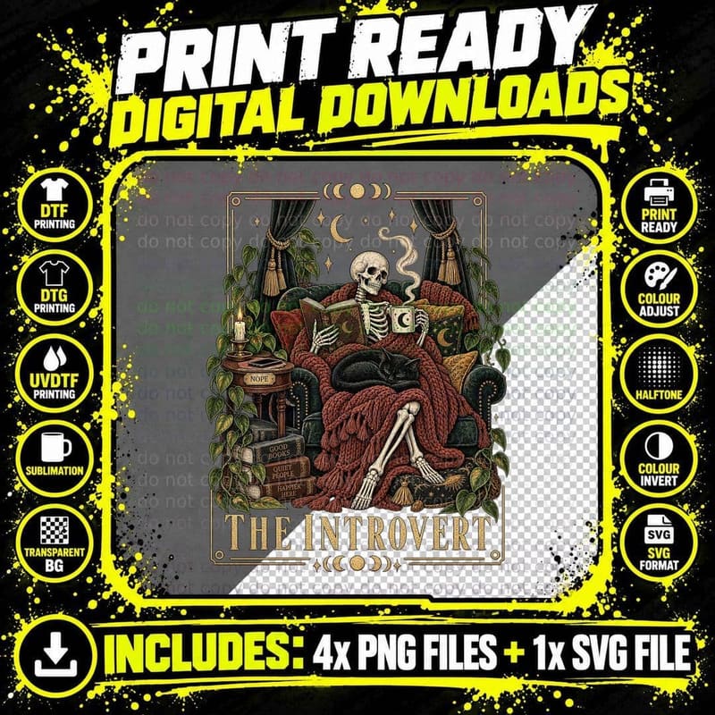 Introvert Skeleton Gothic Tarot Card Cozy Book Lover Png SVG Digital Bundle