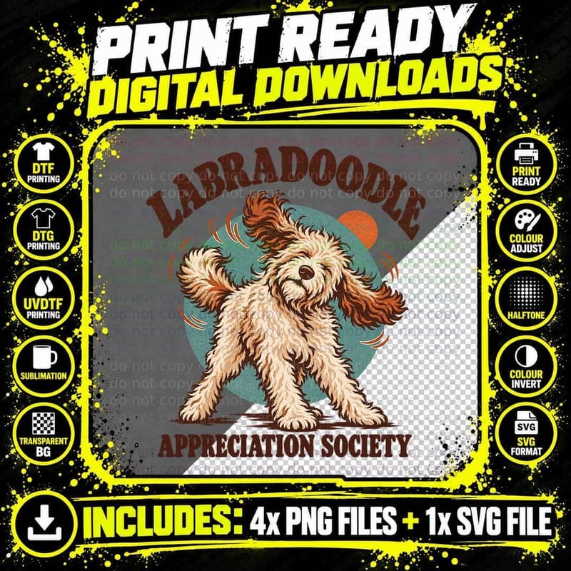 Labradoodle Appreciation Society Shaking Curly Doodle Dog Lover Retro T-Shirt Png SVG Digital Bundle