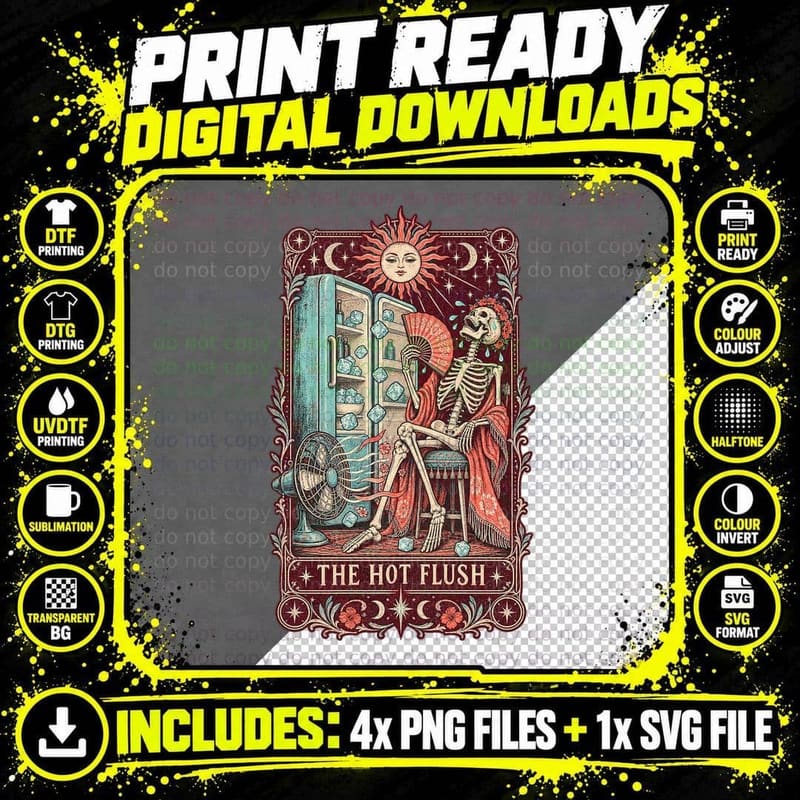 The Hot Flush Tarot Card Skeleton Fridge Fan Funny Menopause Vintage T-Shirt Png SVG Digital Bundle