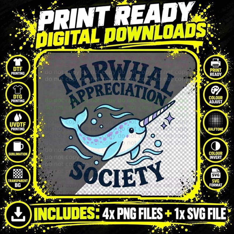 Narwhal Appreciation Society Retro Cute Ocean Unicorn Arctic Whale Lover T-Shirt Png SVG Digital Bundle