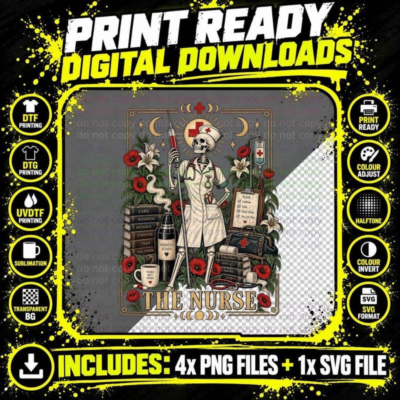 Nurse Skeleton Gothic Tarot Card Night Shift Medical Png SVG Digital Bundle