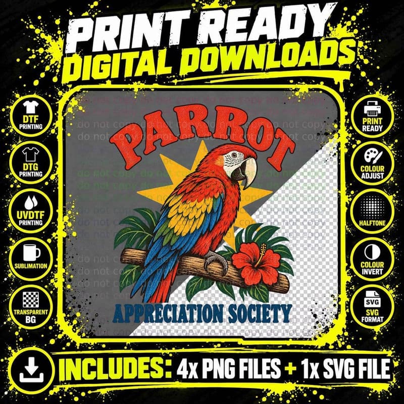 Parrot Appreciation Society Retro Tropical Macaw Bird Lover Hibiscus T-Shirt Png SVG Digital Bundle