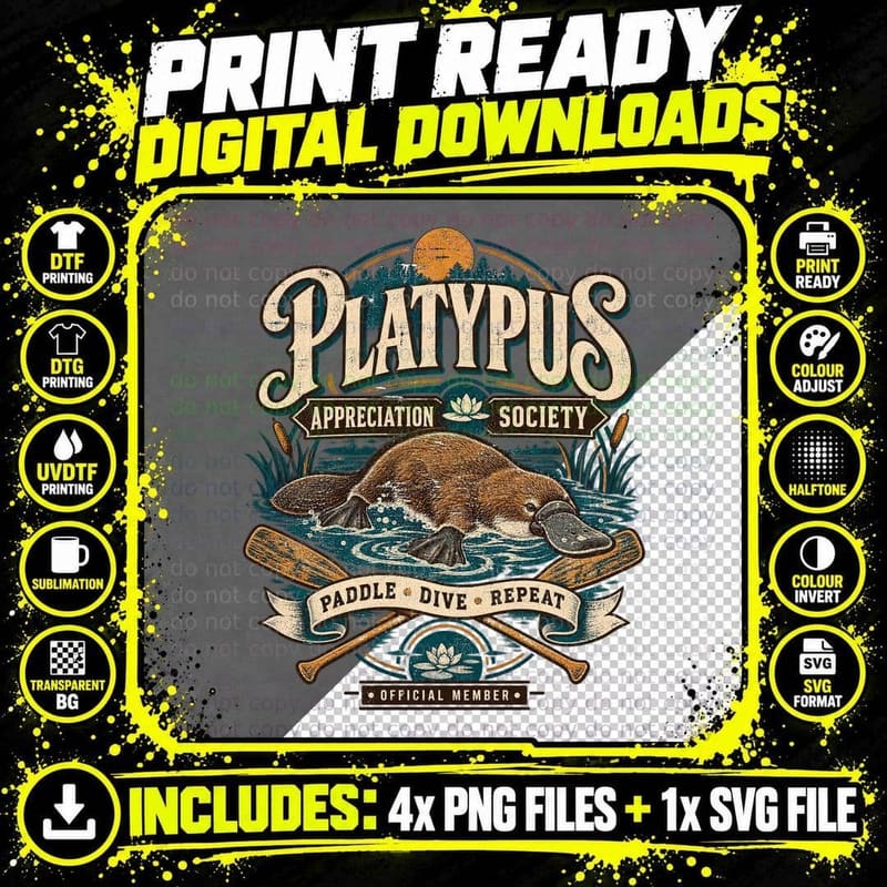 Platypus Appreciation Society Paddle Dive Repeat River Wildlife Vintage T-Shirt Png SVG Digital Bundle