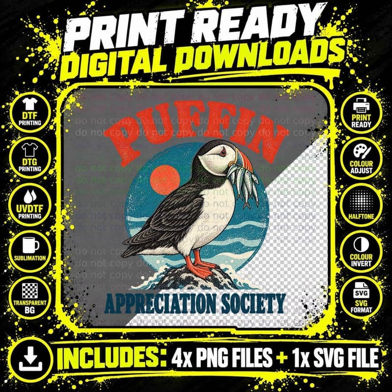 Puffin Appreciation Society Sand Eels In Beak Retro Sunset Seabird T-Shirt Png SVG Digital Bundle