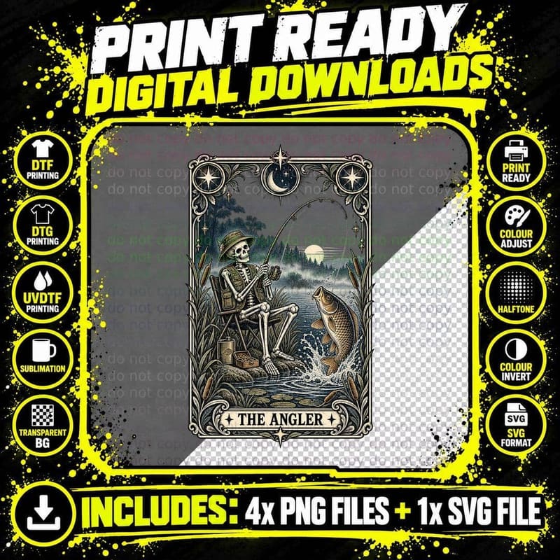 The Angler Tarot Card Skeleton Carp Fishing Lake Night Moon Gothic T-Shirt Png SVG Digital Bundle