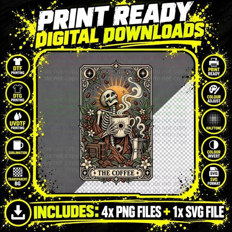 Skeleton Coffee Tarot Card Coffee Lover Sunrise Vintage Png SVG Digital Bundle