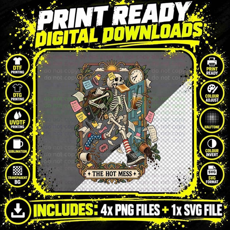 The Hot Mess Tarot Card Skeleton Falling Coffee Keys Chaos Funny Gothic T-Shirt Png SVG Digital Bundle