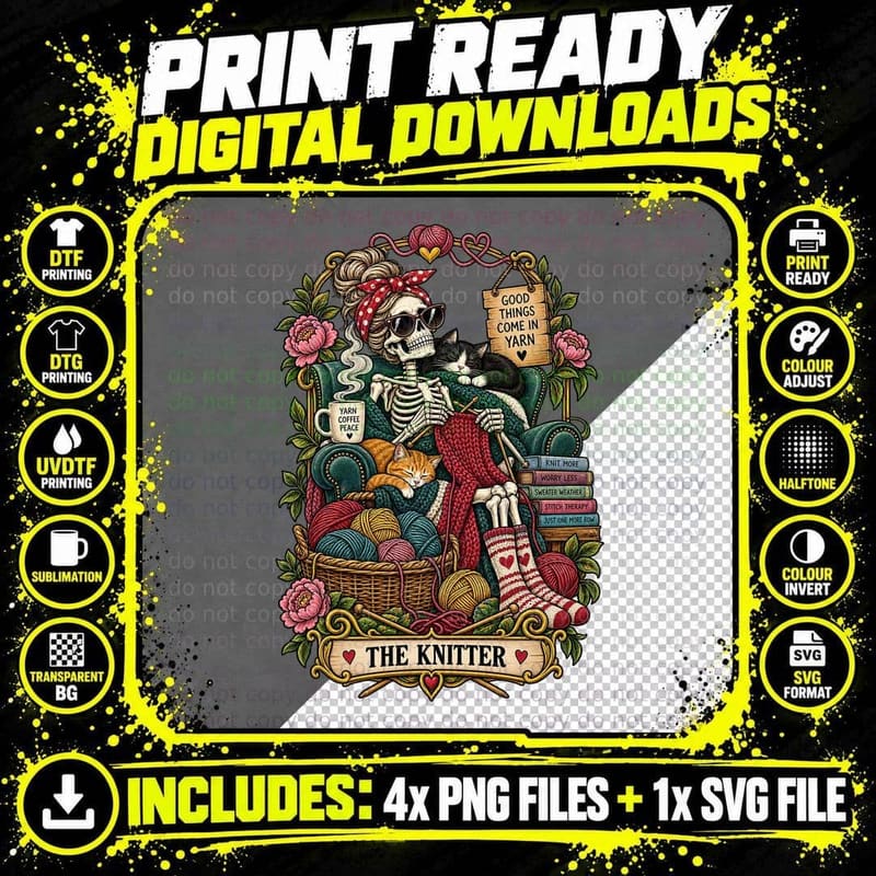 Skeleton Knitter Tarot Card Knitting Black Cat Vintage Png SVG Digital Bundle