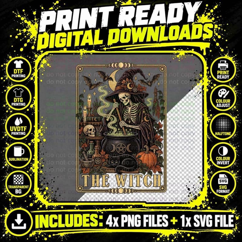 Skeleton Witch Gothic Tarot Card Vintage Halloween Png SVG Digital Bundle