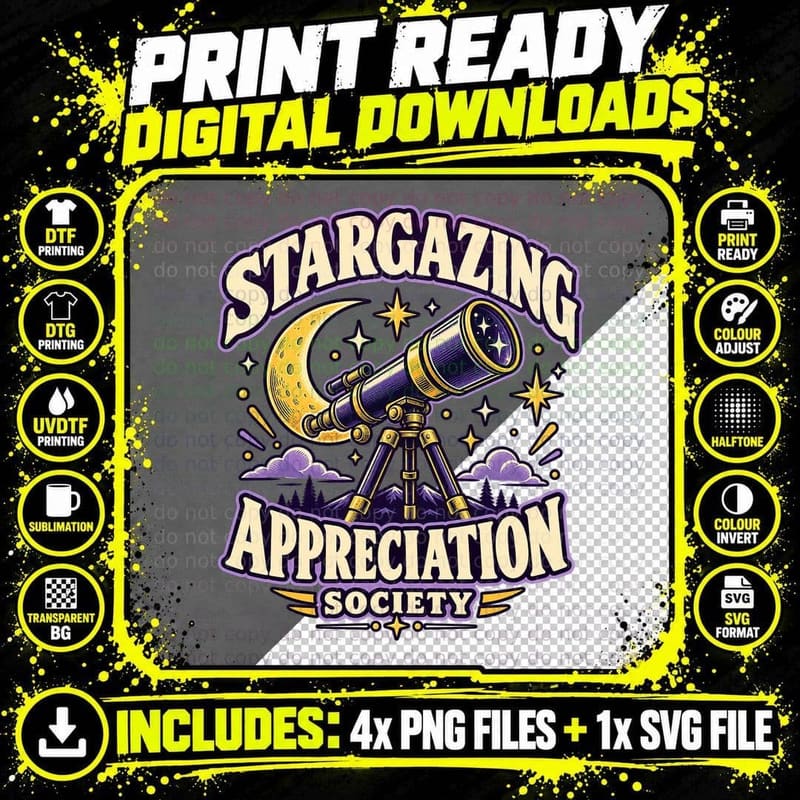 Stargazing Appreciation Society Retro Astronomy Telescope Moon Night Sky T-Shirt Png SVG Digital Bundle