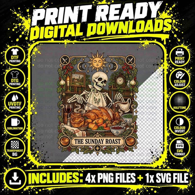 Sunday Roast Skeleton Vintage Tarot Card British Food Png SVG Digital Bundle