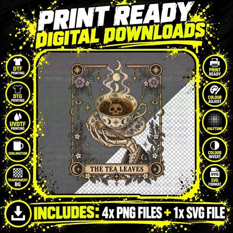 Tea Leaves Skull Vintage Tarot Card Fortune Teller Png SVG Digital Bundle