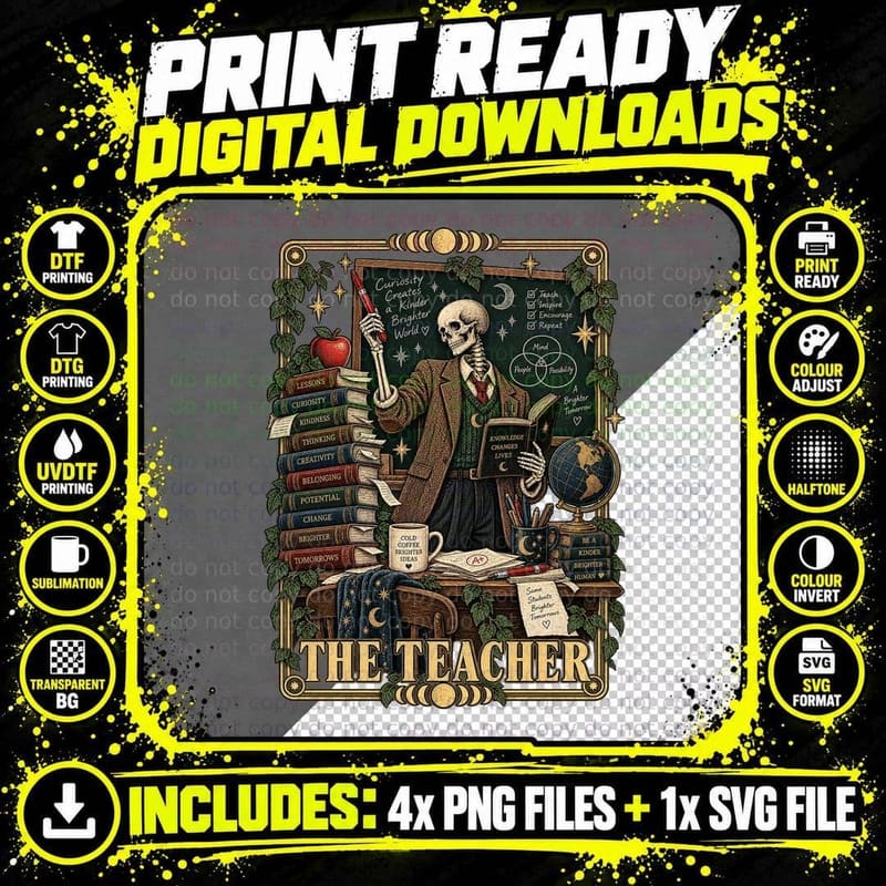 Teacher Skeleton Gothic Tarot Card School Dark Humor Png SVG Digital Bundle