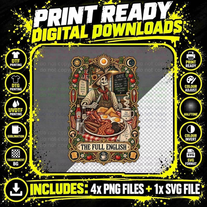 The Full English Skeleton Breakfast British Food Vintage Png SVG Digital Bundle