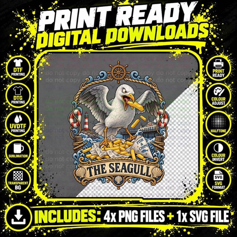 The Seagull Tarot Card Chip Thief Fish And Chips Pier British Seaside T-Shirt Png SVG Digital Bundle