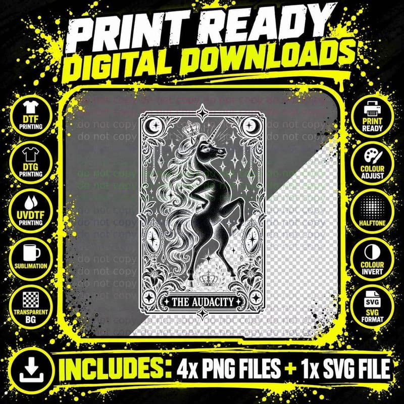 The Audacity Tarot Card Rearing Black Unicorn Sassy Celestial Gothic T-Shirt Png SVG Digital Bundle