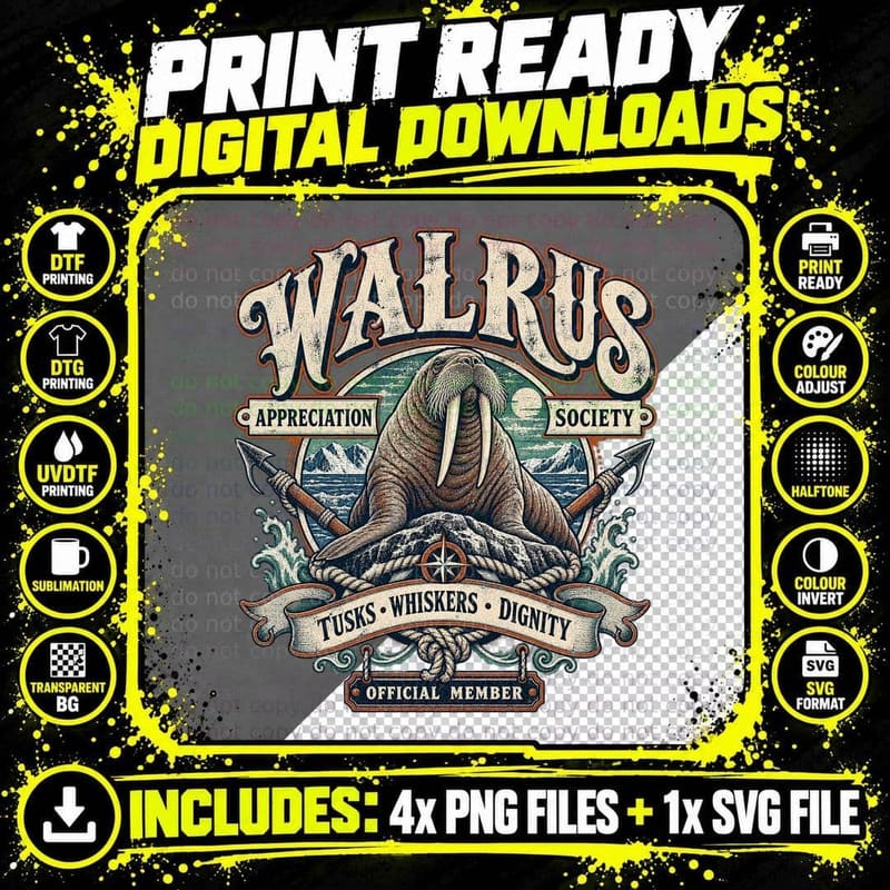 Walrus Appreciation Society Tusks Whiskers Dignity Nautical Arctic Retro T-Shirt Png SVG Digital Bundle