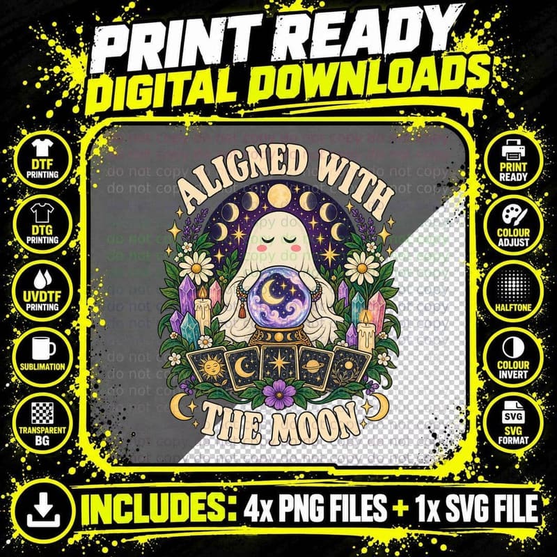 Aligned With The Moon Retro Ghost Tarot Crystal Witchy Png SVG Digital Bundle