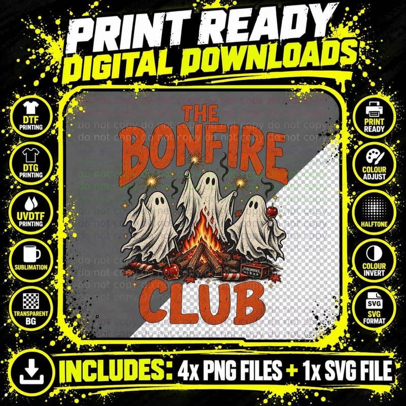 The Bonfire Club Ghosts Sparklers Fireworks Night Toffee Apple Halloween T-Shirt Png SVG Digital Bundle