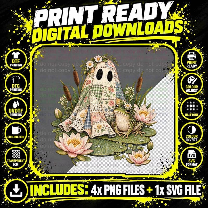Calico Ghost Frog Lily Pad Cottagecore Halloween Vintage Png SVG Digital Bundle