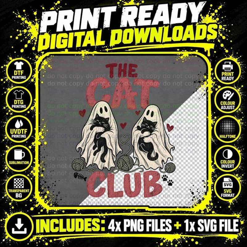 The Cat Club Ghosts Cuddling Black Kittens Halloween Spooky Retro Yarn T-Shirt Png SVG Digital Bundle