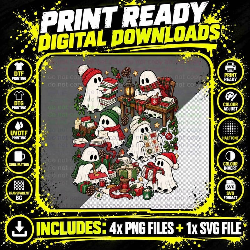 Christmas Card Ghost Festive Stationery Bedsheet Ghost Png SVG Digital Bundle