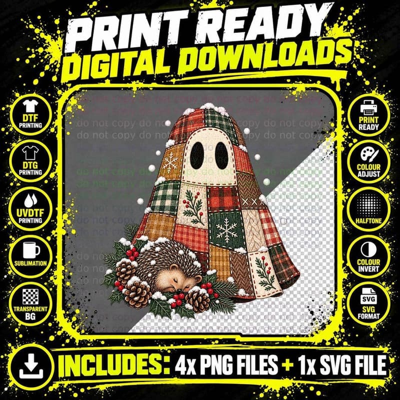 Christmas Check Patchwork Ghost Hedgehog Vintage Folk Png SVG Digital Bundle