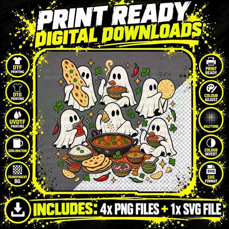 Christmas Curry Ghost Funny Foodie Festive Bedsheet Png SVG Digital Bundle