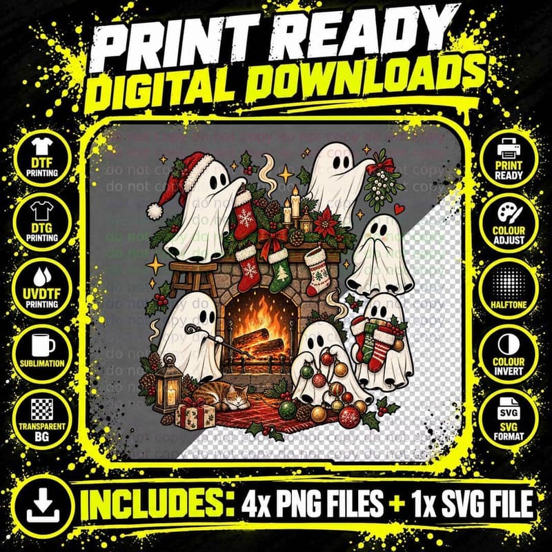 Christmas Fireplace Ghost Cozy Festive Bedsheet Ghost Png SVG Digital Bundle