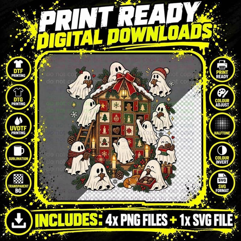 Christmas Ghost Advent Calendar Cute Spooky Holiday Png SVG Digital Bundle